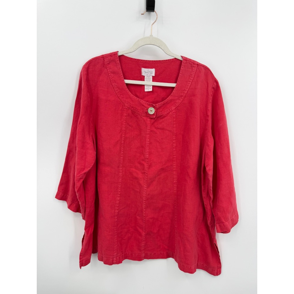 Mosaic USA 100% Linen Button Neck Blouse Women XL Red 3/4 Sleeve Lagenlook Top